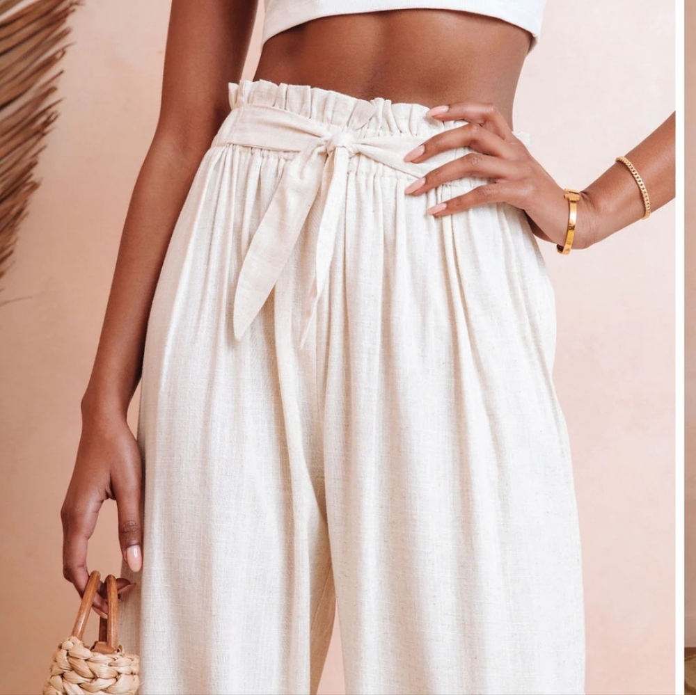 DEL RAY WAIST TIE WIDE LEG PANTS - OATMEAL